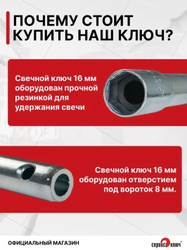 Свечной ключ с резинкой на 16 мм, длина 270 мм